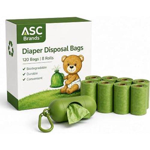 Diaper Disposal Bags with Dispenser – 120 Bags (8 Rolls) – Odor Control, Leak-Proof, Eco-Friendly, Portable Refill Bags for Baby, Travel & Home – ASC Brands