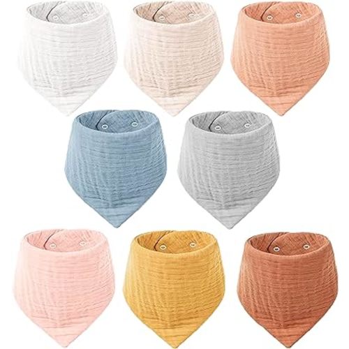 Konssy Muslin Baby Bibs 8 Pack Baby Bandana Drool Bibs 100% Cotton for Unisex Baby, 8 Solid Colors Set