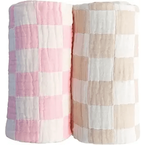Ultra Soft Checkered Muslin Baby Blanket Pack of 2 Cotton Muslin Swaddles Blankets for Babies and Toddlers Girls Newborn 42 x 42 inches Cream and Pink