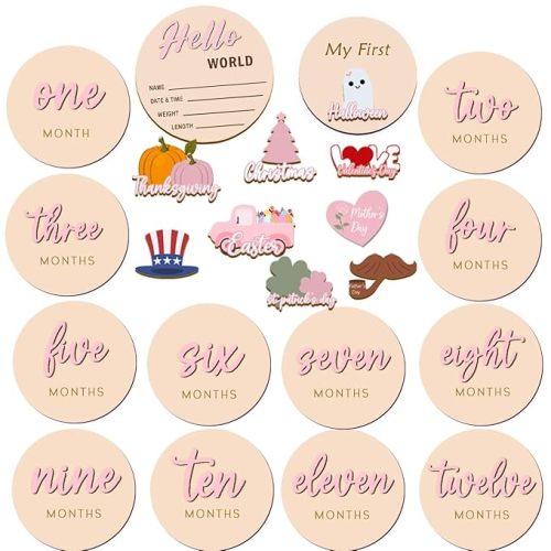 Monthly Baby Milestone Maker Discs, Baby Milestone Signs for Newborn Baby, Hello World Newborn Sign for Baby Girl & Boy, Baby Announcement Sign for 1-12 Month, Milestone Wooden Circles (Pink)