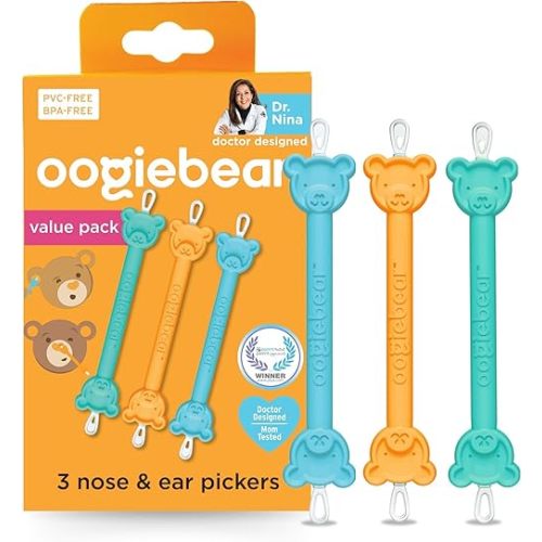 oogiebear: Baby Nose Cleaner & Ear Wax Removal Tool - Safe Booger & Earwax Removal for Newborns, Infants, Toddlers - Dual-Ended - Essential Baby Stuff, Diaper Bag Must-Have - 3 Pack with a Pouch