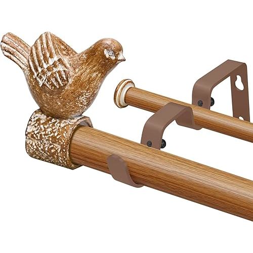 Double Curtain Rod with Bird Finial, Decorative Window Treatment Hardware (Simulated Wood, 36"-72")