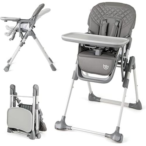 BABY JOY Foldable High Chair for Babies and Toddlers, Portable Adjustable Highchair with Footrest, Detachable Tray, Easy to Clean PU Seat Cushion, 5-Point Safety Belt and Built-in Wheels (Gray)