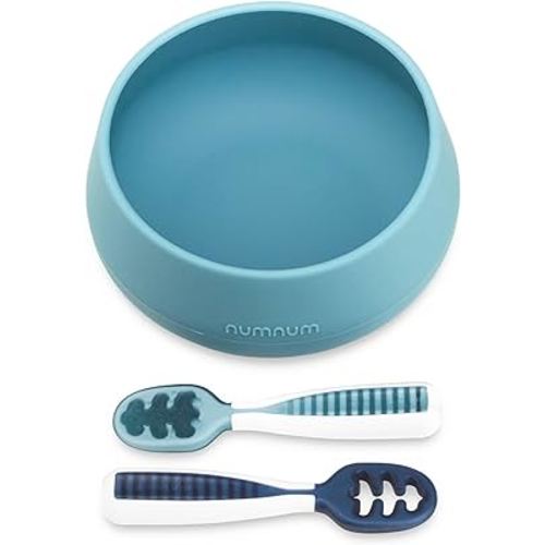 NumNum Suction Bowl + Pre-Spoon GOOtensils Self Feeding Set for Babies & Toddlers | Baby Spoon Set (Stage 1+ 2) | 100% Food Grade Silicone BPA-Free | Strong Suction | 4 months+ (Blue/Navy)