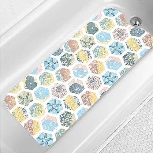 Starfish Bathtub Mat Non Slip for Kids 40x16in Extra Long Anti Slip Geometry Bath Mat for Tub Abstract Bath Shower Mat with Large Drain Holes and Suction Cups Quality Honeycomb Design Bathroom Decor