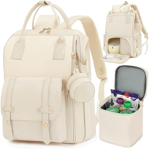 ROSEGIN Breast Pump Backpack & Diaper Bag with Cooler, Fits Spectra S1 S2 Medela, Pumping Bag for Work, Fits 15.6" Laptop, 15 Pockets, Reinforced Zippers, Pacifier Case, Stroller Straps, White
