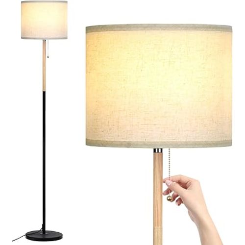 Bedroom Floor Lamp Farmhouse Floor Lamps for Living Room Mid-Century Pole Lamp with Linen Lamp Shade, Standing Tall Floor Lamps for Bedrooms and Office (White+ Wood Black Pole)