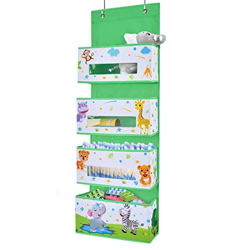 WERNNSAI Jungle Animal Over the Door Hanging Organizer - 4 Clear Window Pockets, Oxford Cloth Material, Suitable for Children's Rooms, Kindergartens, Nurseries