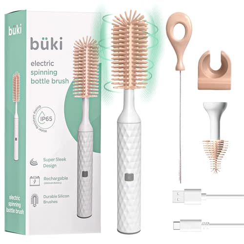 Bki Electric Baby Bottle Cleaning Brush Set - Rechargeable Electric Bottle Brush with Straw Cleaner - Water Bottle Cleaning Kit, Nipple Brush, 1200mAh Brush Cleaner (by Kindersense), Pink