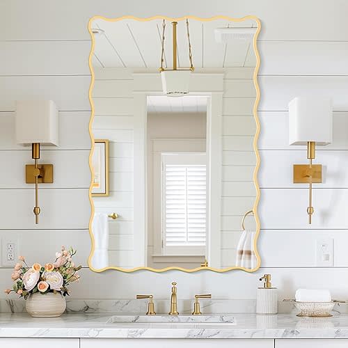 Gold Wavy Bathroom Mirror 20" x 30" Rectangle Scalloped Mirror for Wall Decor, Bathroom Vanity, Bedroom, Living Room, Entryway