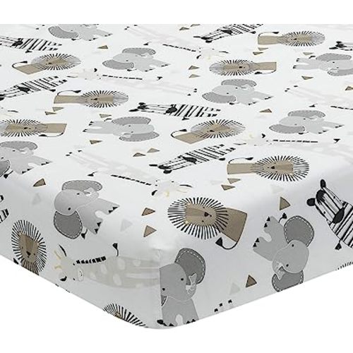 Lambs & Ivy Jungle Safari 100% Cotton White/Gray Elephant/Lion Fitted Crib Sheet