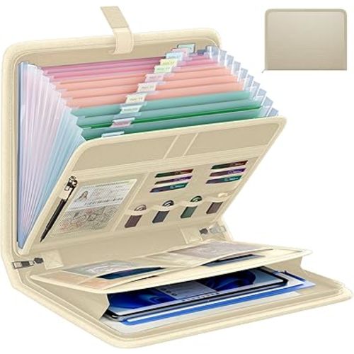Fireproof Accordion File Organizer, Portable Expanding File Folder with Waterproof Zipper&Labels, Khaki Document Organizer with 13 Pockets, File Organizer for Important Document/Paper Storage