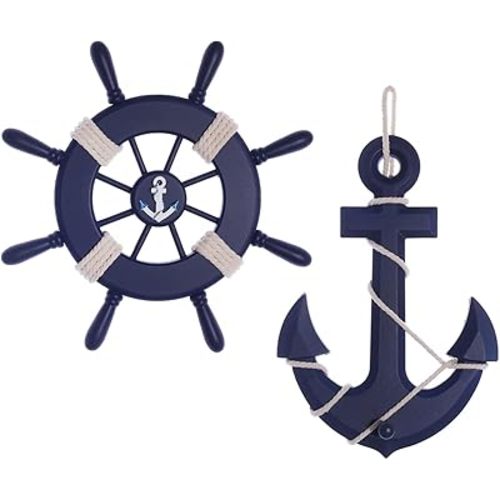 GengGeng 2 Pack 13" Nautical Anchor wall Decor,Beach Decorations for Home,Nautical Decorations for Home,Wooden Anchor and Wheel Beach Theme Decor for Home and Wall (Dark Blue)