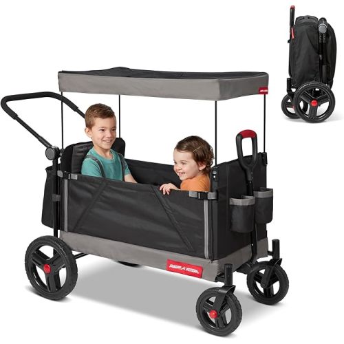 Radio Flyer Trav’ler Stroll 'N Wagon with Protective Cover for Kids Ages 1+, 120 lb Capacity, Black – Push or Pull Foldable Travel Stroller Cart with Canopy & 5-Point Safety Harness