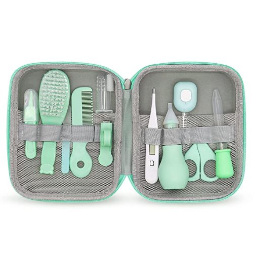 Baby Grooming Kit, Portable Baby Safety Care Set with Hair Brush Comb Nail Clipper Nasal Aspirator etc for Nursery Newborn Infant Girl Boys Keep Clean (11 in 1 Green)
