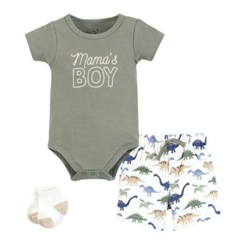 Hudson Baby Infant Boys Bodysuit, Short and Sock, Mamas Boy Sage Dino, 3-6 Months