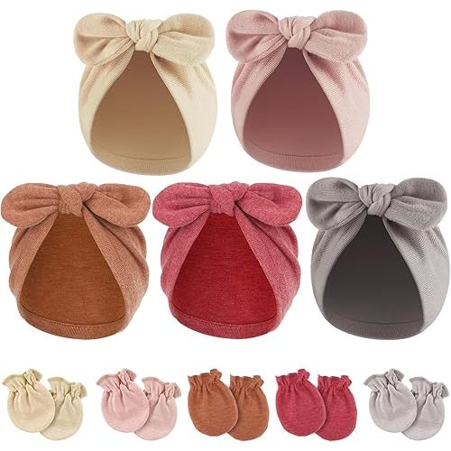 BQUBO Baby Turban Hats and Mittens Set Newborn Infant Hospital Hats Caps with Bows for Baby Boys Girls 0-12 Months