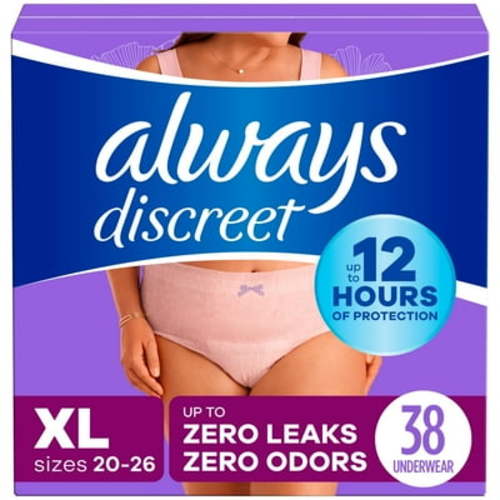 Always Discreet Adult Incontinence Underwear for Women and Postpartum Underwear, XL, Up to 100% Bladder Leak Protection, 38 CT