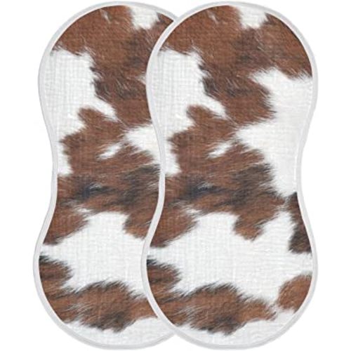 Muslin Baby Burp Cloths Set of 4, Soft Absorbent White Brown Print Cow Muslin Washcloths, Bibs, Face Towel for Newborn Boys Girls, 22 x 11 Inch