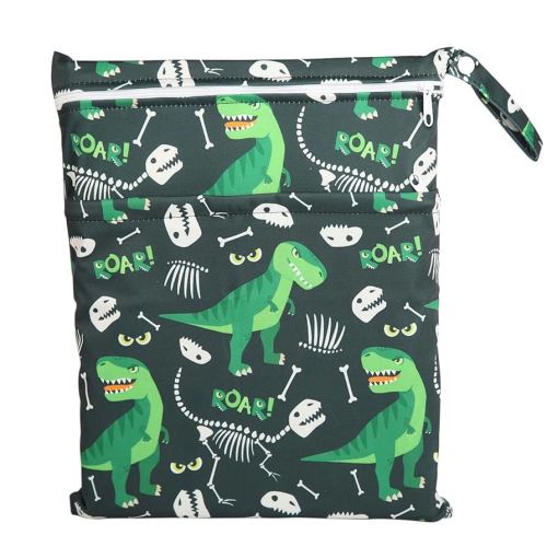 Wet Bag Baby Cloth Diaper Nappy Bag Reusable With Two Zippered Pockets Boys (Green Dinosaur)
