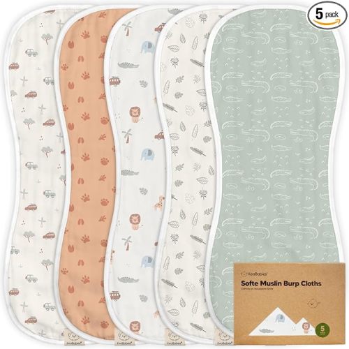 5-Pack Muslin Burp Cloths Baby Boy, Girl - Very Absorbent Baby Burp Cloth Rags, 8-Layers Viscose Derived from Bamboo Cotton Muslin Towel, Super Soft Spit Up Rags, No Shrink Washcloths (Wilderness)