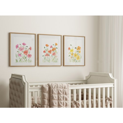 Field of Pink Orange and Yellow Poppies, Set of Art Prints, Watercolor Flowers, Nursery Art