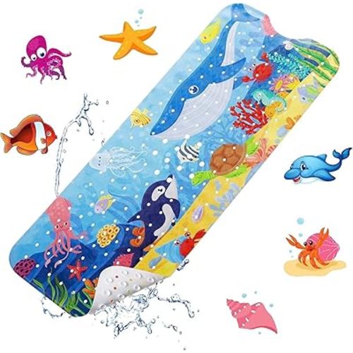 Baby Bath Mat for Tub for Kids, 40 X 16 Inch Extra Long Kids Bathtub Mat Non Slip, Cartoon Bath Tub Shower Mat Anti Slip with Drain Holes and Suction Cups Machine Washable (Whale + Dolphin)