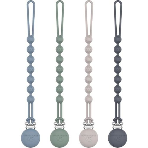 Cuddle Campus Silicone Pacifier Clip Holder with One Piece Design, Pack of 4 Soft Flexible Binky Clips with Texture for Baby Boy and Girl Set 6(0-6M)