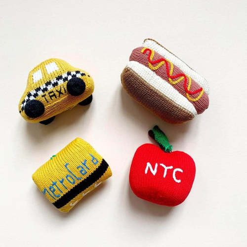 New York City Baby Gift Set - Organic Newborn Toy Rattles | Taxi, Metro Card, hot dog & Apple