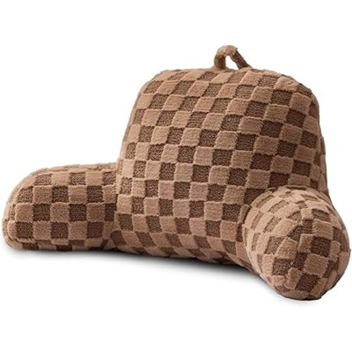 A Nice Night Faux Fur Reading Pillow,Checkered Fluffy Grid Plaid,Bed Wedge Pillow Large Adult Children Backrest with Arms for Bedrest,Brown