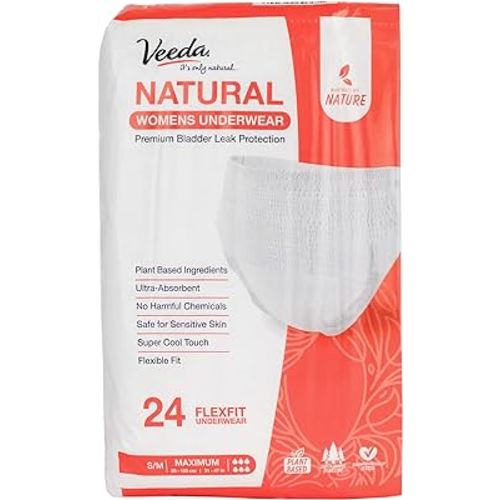 Veeda Natural Premium Incontinence Underwear for Women, for Bladder Leakage Protection, Maximum Absorbency, Small/Medium Size, 24 Count (Pack of 1)