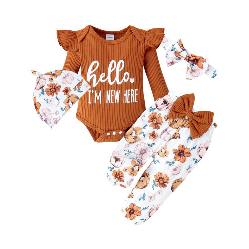 ENFLASH Hello I'M New Here Newborn Outfit Baby Girl Going Home Outfit Ruffle Romper Top Floral Pants Set Cute Fall Winter Clothes
