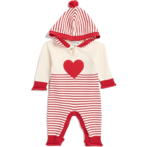 Valentine Heart Appliqué Cotton Blend Hooded Sweater Romper, 3-6M