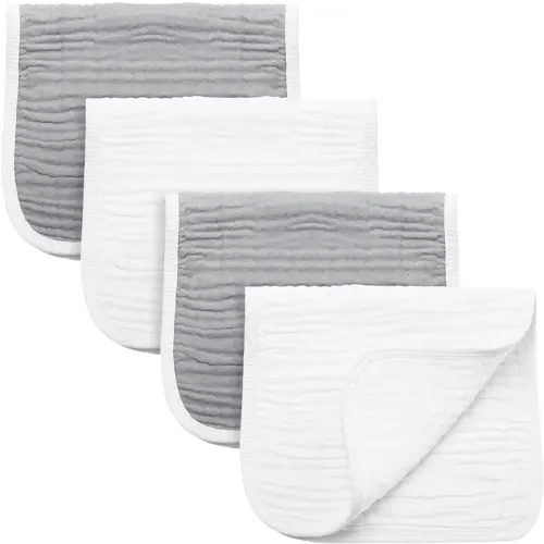 Synrroe Burp Cloths Large, Muslin Burp Cloths for Baby Girls and Boys, Pack of 4 Extra Absorbent and Soft Muslin, 6 Layers 20 by 10 Inches 100% Cotton (Grey-White 4 Pack)