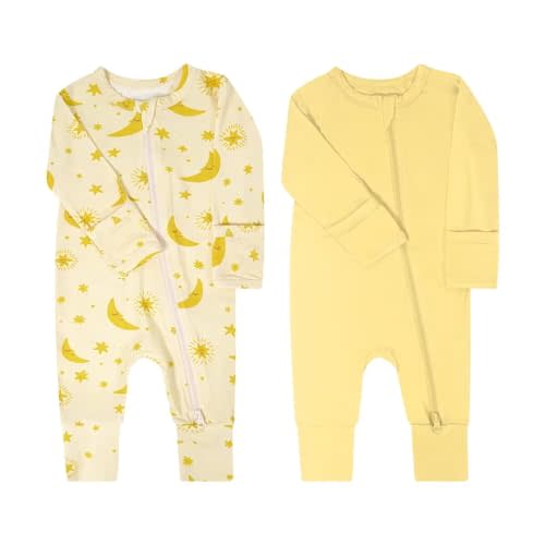 Teach Leanbh Baby Boys Girls 2 Pack Bamboo Viscose Pajamas with Mitten Cuffs 2 Way Zipper Long Sleeve Romper Sleep and Play