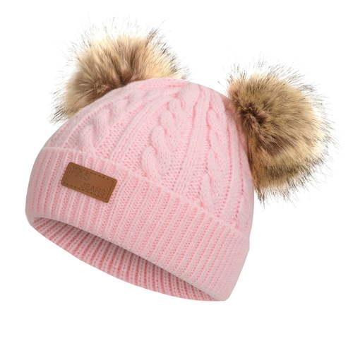 TMOYZQ Toddler Baby Girls Boys Winter Hats with Double Poms, Soft Thick Warm Ribbed Chunky Cable Knit Hats Skull Caps for 1-11 Years Old Kids