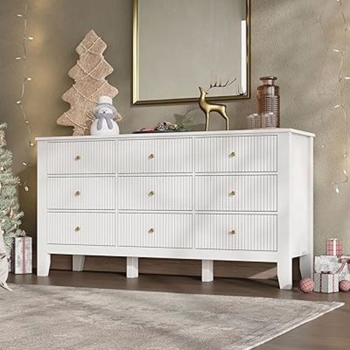 Dresser for Bedroom, Fluted Dresser with Solid Legs, Freestanding Wooden Closet Chest with Anti-Tip Anchor Kit & Smooth Silent Gliding for Bedroom, Living Room, Entryway, 9 Drawers, White