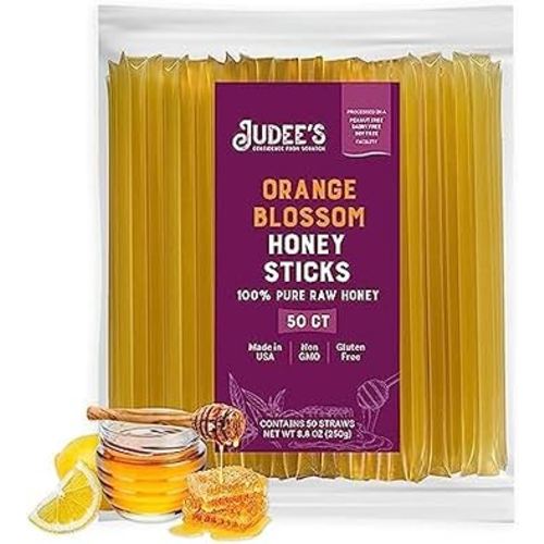 Judee’s Orange Blossom Honey Sticks - 50 Count - On-the-Go Snacks - Delicious and 100% Gluten-Free - Great for Tea, Coffee, and Desserts - Citrus Flavor (7-Inch Straws)