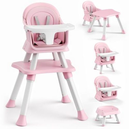 Kinder King 8 in 1 Baby High Chair, Coverts to Dining Booster Seat, Removable Tray & Double Seat Cover, Easy to Wipe, White & Pink