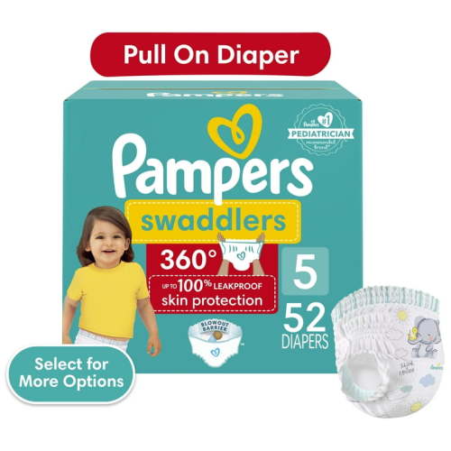 Pampers Swaddlers 360 Pull-On Diapers, Size 5, 52 Count for up to 100% Leakproof Skin Protection and Easy Changes