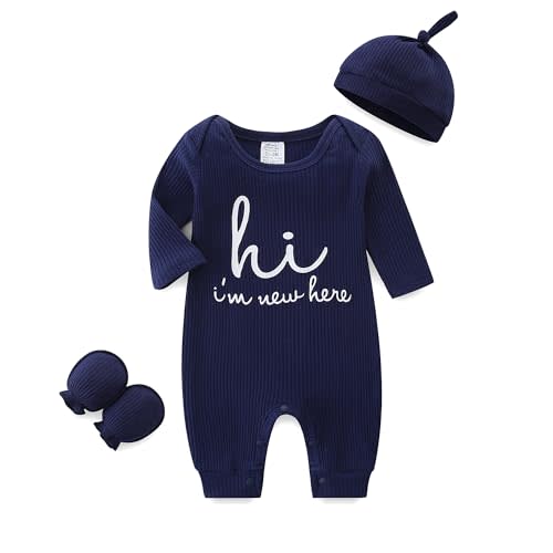 Unisex Newborn Baby Onesie Ribbed Romper Infant Long Sleeve Jumpsuit Hat and Gloves