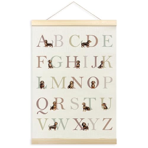 TLESKE Dachshund Alphabet ABC Chart Poster Hanger Frame, Homeschool Preschool Hanging Wall Art Decor for Dachshund Lover Toddler Kids Room Nursery Playroom, Wiener Dog ABC Print Picture Banner, 12x16