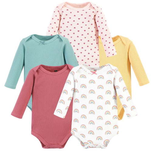 Hudson Baby Infant Girl Thermal Long Sleeve Bodysuits, Creative Rainbows, 0-3 Months