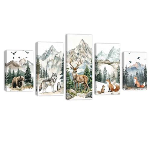 QIXIANG 5 PCS Woodland Nursery Animals Wall Art Funny Wild Animals Canvas Painting Green Forest Picture Deer Bear Fox Wolf Kids Room Decor Frame(Green,10x16inx2 10x20inx2 10x24inx1)