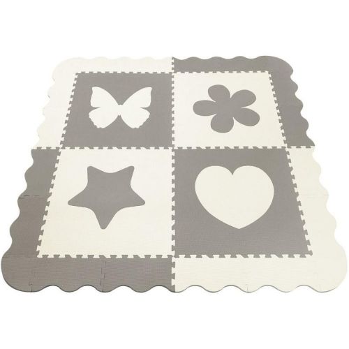 Sorbus Gray and White Butterfly, Star, Heart, and Flower shapes Interlocking Puzzle Foam Mat (4 Tile Pieces) for playroom, nursery and more