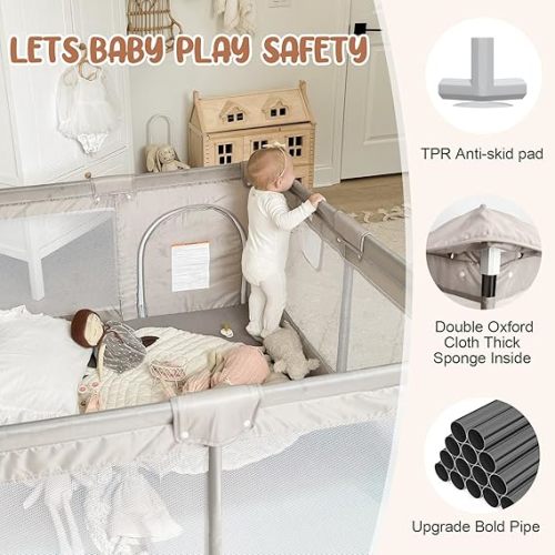 Baby Playpen,Playpen, Playpen for Babies and Toddlers, Play Pen for Kids, Play Pens for Babies and Toddlers for Apartment (47 * 47 inch Grey with mat) - 47*47 inch Grey with mat