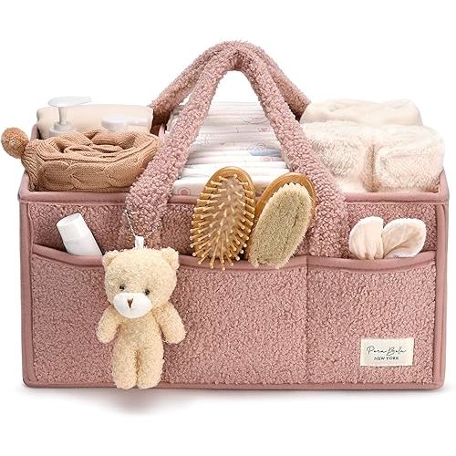 Baby Diaper Caddy Organizer for Changing Table, Nursery Diaper Organizer, Portable Diaper Storage (Pink)