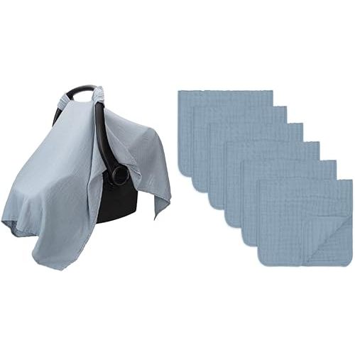 Muslin Cotton Baby Car Seat Cover and Muslin Burp loth 6 Pack, Pacific Blue Bundled by Comfy Cubs