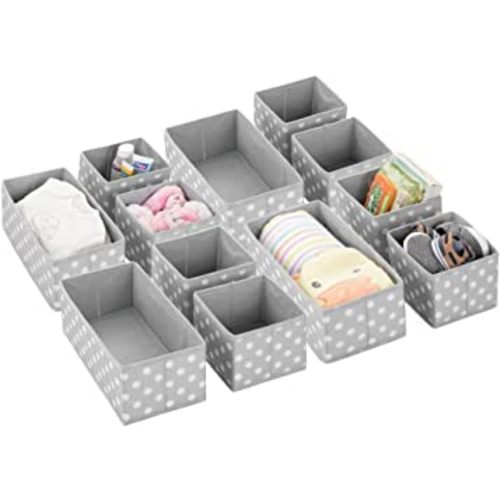 mDesign Fabric Drawer Divider Organizer Bin, Nursery/Bedroom Dresser, Closet, Shelf, Playroom Organization, Hold Clothes, Toys, Diapers, Bibs, Set of 3, 4 Pack, Gray/White Polka Dot