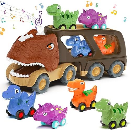 Dinosaur Toys for Kids 2-4 Boys,Dinosaur Car Carrier Truck Toy with 4 Pull Back Dino Car，Dinosaur Truck for 2 3 4 5 Year Old Boy Toys,2 3 4 5 Year Old Boy Birthday Gift with Dino Sound.